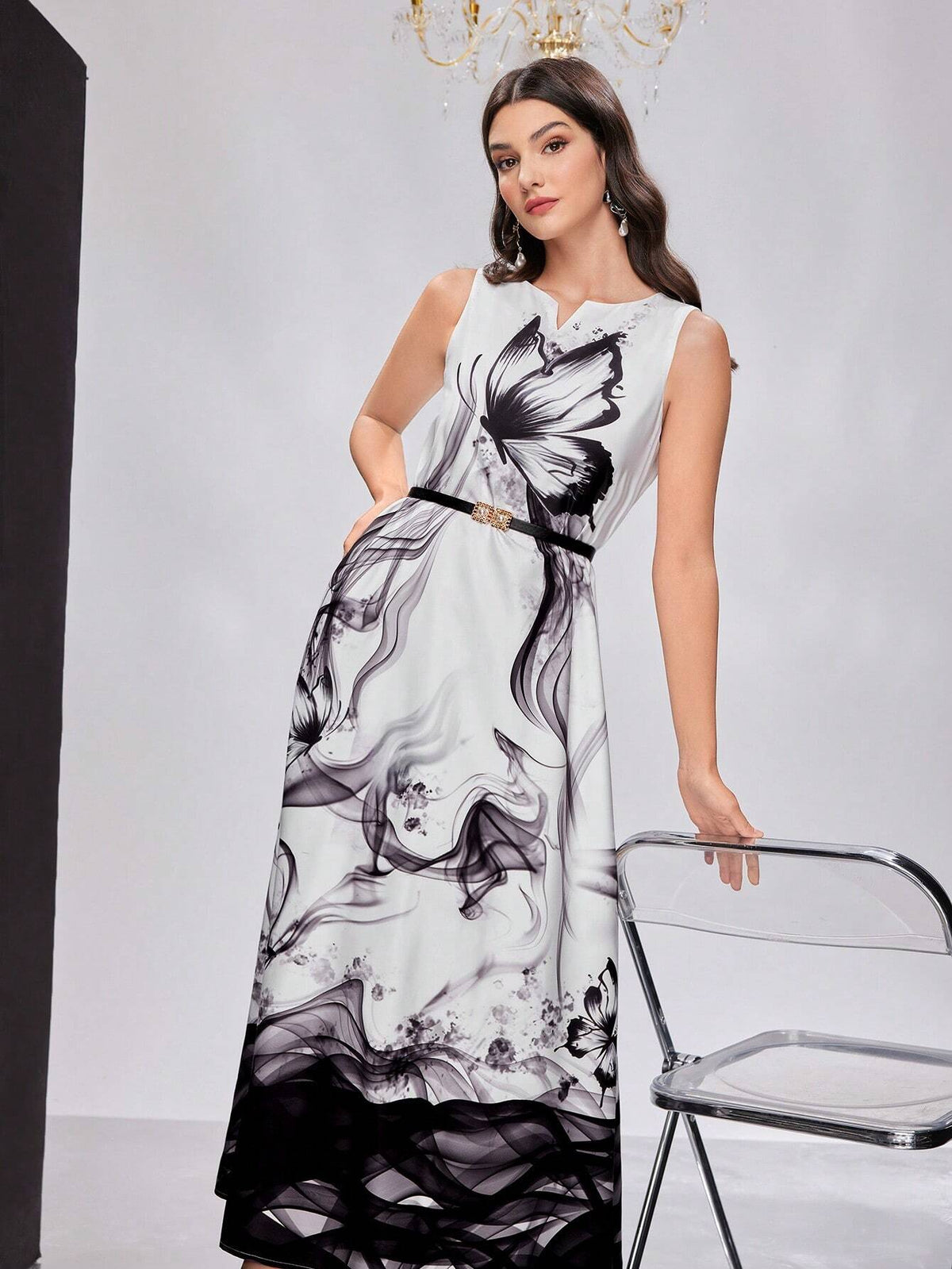 Women's Butterfly Printed V-Neck Sleeveless Dress