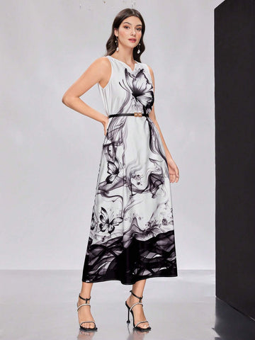Women's Butterfly Printed V-Neck Sleeveless Dress