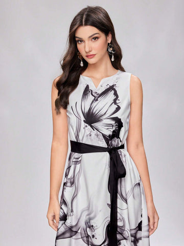 Women's Butterfly Printed V-Neck Sleeveless Dress