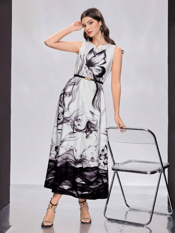 Women's Butterfly Printed V-Neck Sleeveless Dress