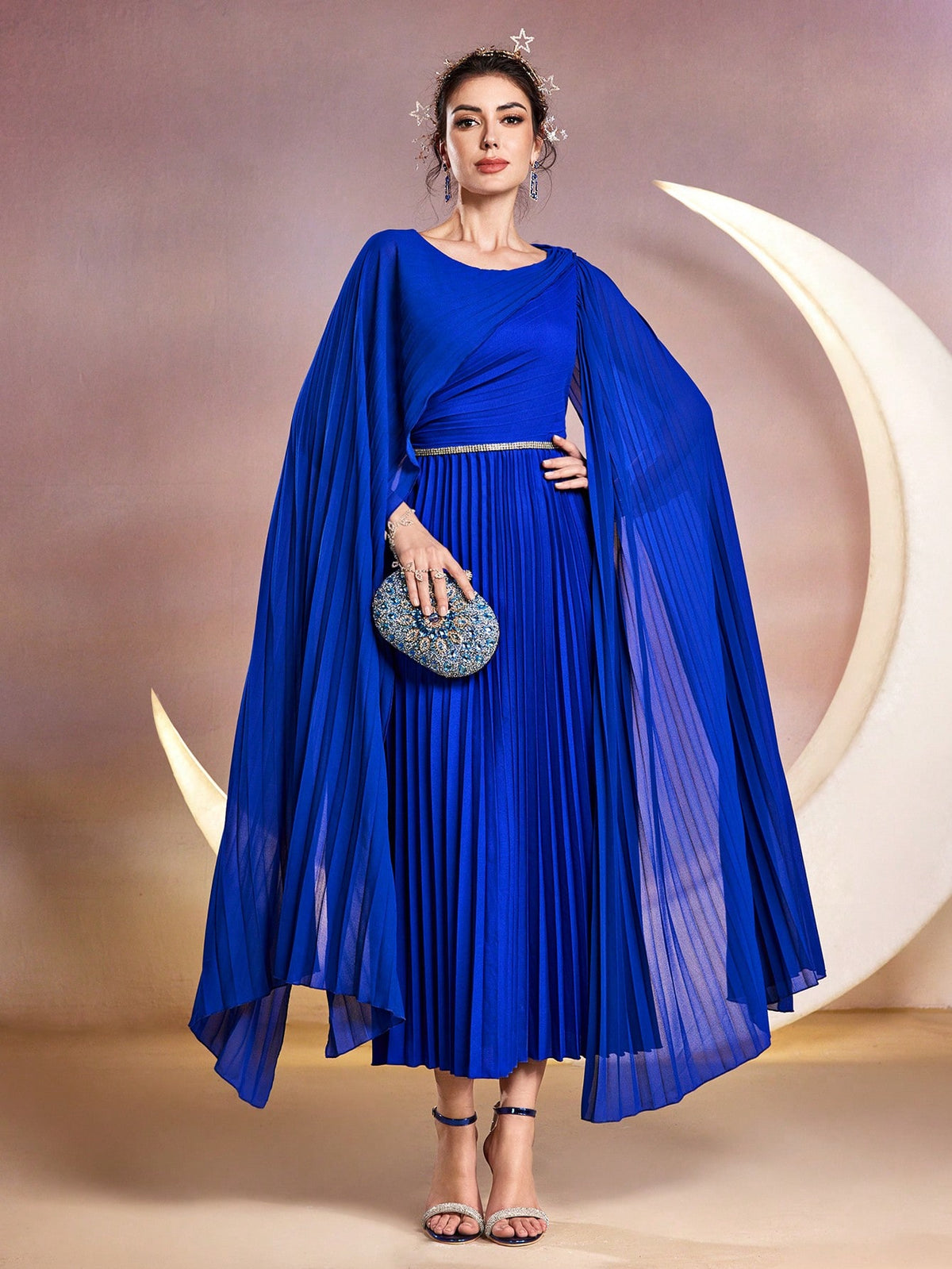 Women's Cape Sleeves Pleated Hem Dress