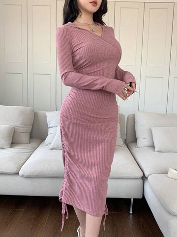 Women's Casual Solid Color Drawstring Waist Hooded Mini Dress, Spring & Autumn