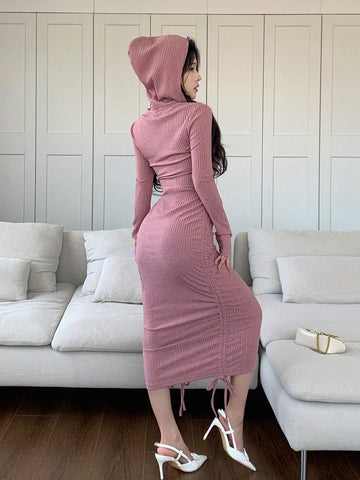 Women's Casual Solid Color Drawstring Waist Hooded Mini Dress, Spring & Autumn