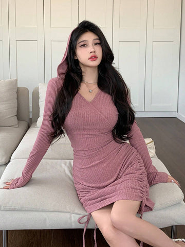 Women's Casual Solid Color Drawstring Waist Hooded Mini Dress, Spring & Autumn