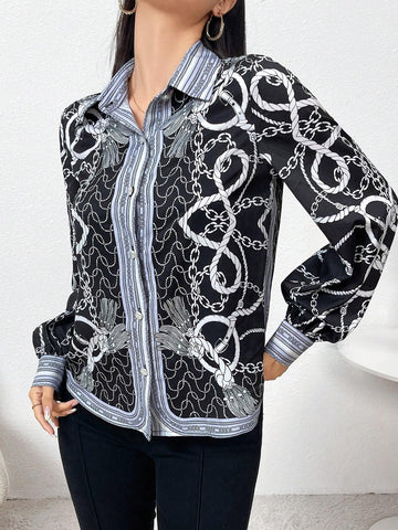 Modely Women's Chain Print Patchwork Long Sleeve Front Button Simple Casual Blouse