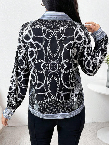 Modely Women's Chain Print Patchwork Long Sleeve Front Button Simple Casual Blouse
