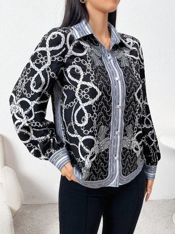 Modely Women's Chain Print Patchwork Long Sleeve Front Button Simple Casual Blouse