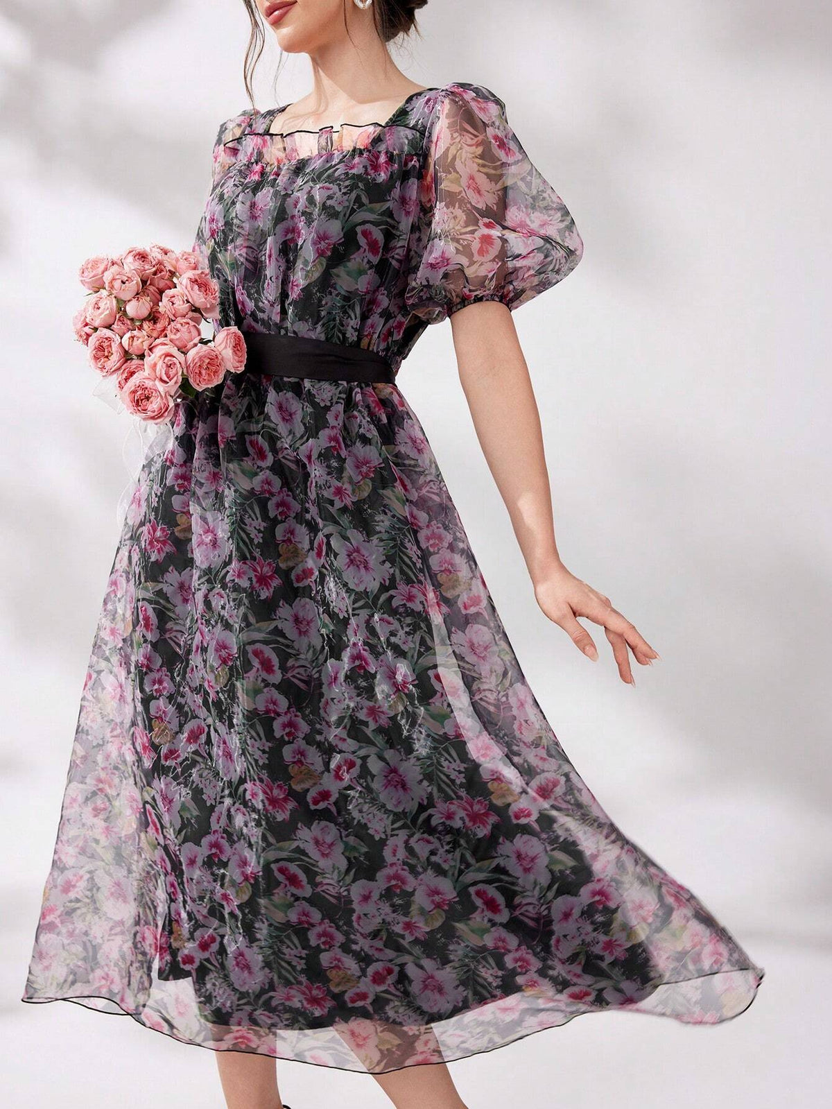 Women's Chiffon Puff Sleeve Floral Print Design Dress