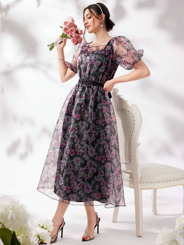 Women's Chiffon Puff Sleeve Floral Print Design Dress
