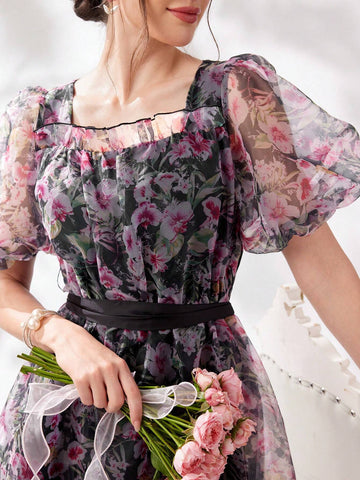Women's Chiffon Puff Sleeve Floral Print Design Dress
