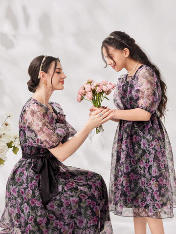 Women's Chiffon Puff Sleeve Floral Print Design Dress