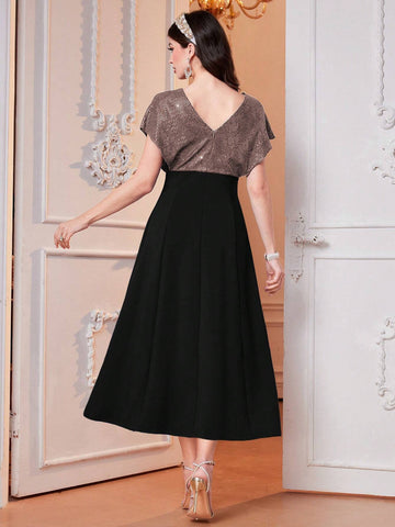 Women's Color Block Glitter Batwing Sleeve Bodycon Dress