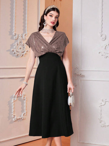 Women's Color Block Glitter Batwing Sleeve Bodycon Dress