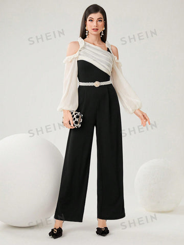 Women's Colorblock Cold-Shoulder Ruffle Trim Jumpsuit