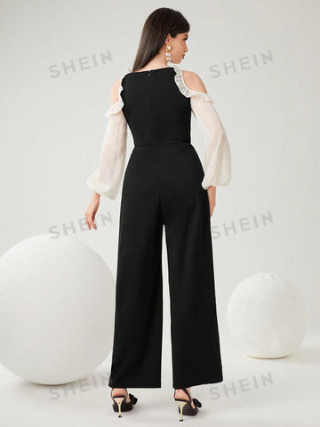 Women's Colorblock Cold-Shoulder Ruffle Trim Jumpsuit