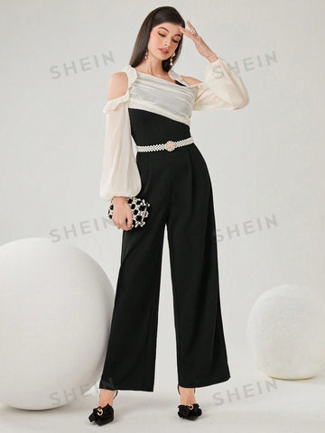Women's Colorblock Cold-Shoulder Ruffle Trim Jumpsuit