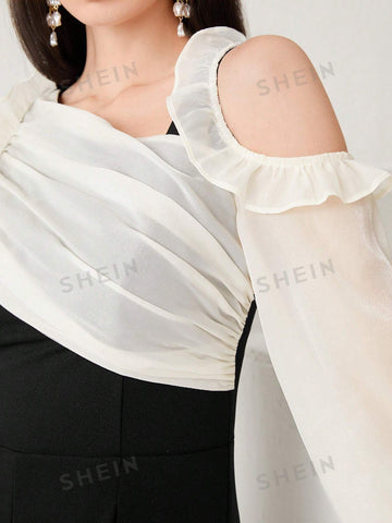 Women's Colorblock Cold-Shoulder Ruffle Trim Jumpsuit