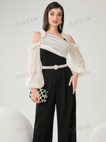 Women's Colorblock Cold-Shoulder Ruffle Trim Jumpsuit