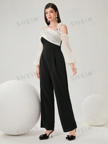 Women's Colorblock Cold-Shoulder Ruffle Trim Jumpsuit