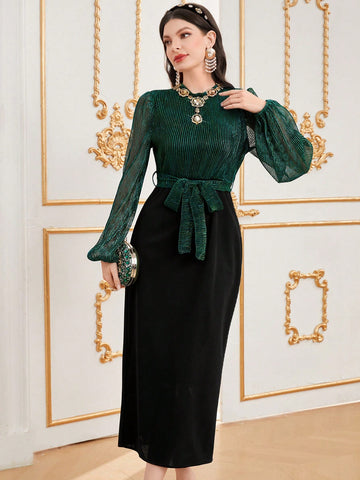 Women's Colorblock Mesh Lantern Sleeve Dress