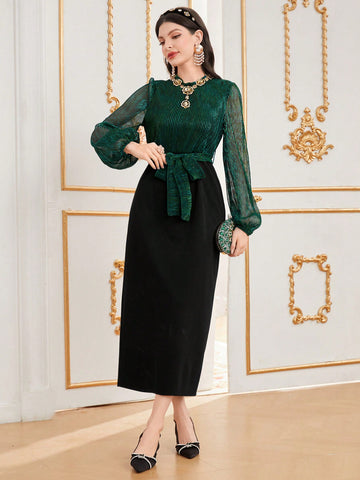 Women's Colorblock Mesh Lantern Sleeve Dress