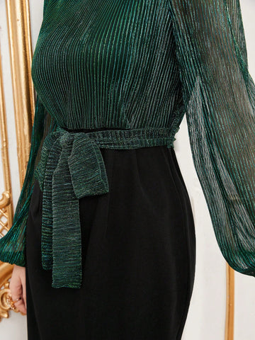 Women's Colorblock Mesh Lantern Sleeve Dress