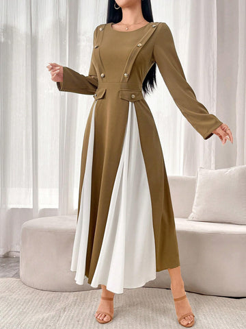 Women's Colorblocked Round Neck Elegant Long Sleeve Dress
