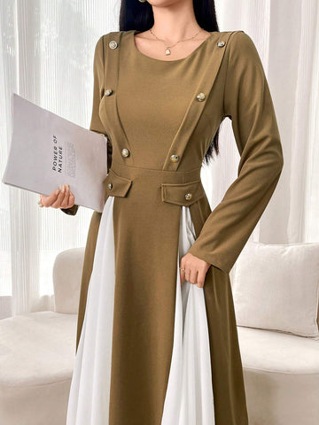 Women's Colorblocked Round Neck Elegant Long Sleeve Dress