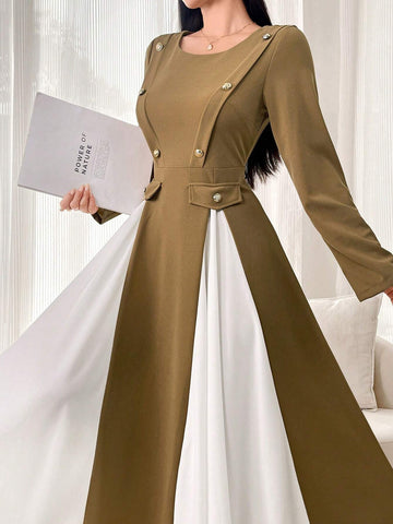 Women's Colorblocked Round Neck Elegant Long Sleeve Dress