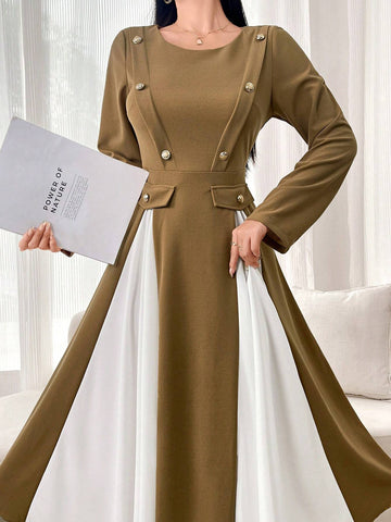 Women's Colorblocked Round Neck Elegant Long Sleeve Dress