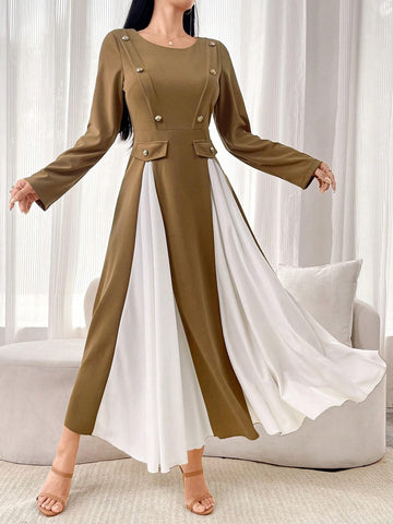 Women's Colorblocked Round Neck Elegant Long Sleeve Dress