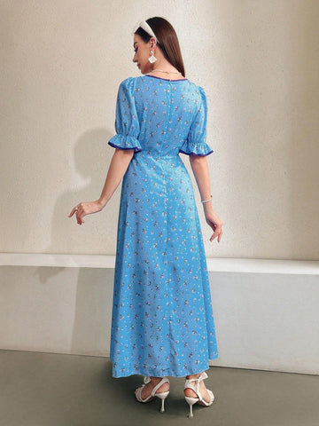 Women's Diamond Collar Puff Sleeve Bubble Dress With Floral Print