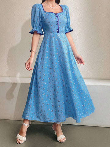 Women's Diamond Collar Puff Sleeve Bubble Dress With Floral Print