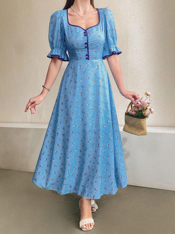 Women's Diamond Collar Puff Sleeve Bubble Dress With Floral Print