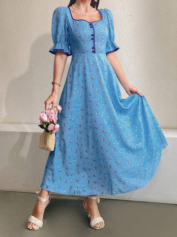 Women's Diamond Collar Puff Sleeve Bubble Dress With Floral Print