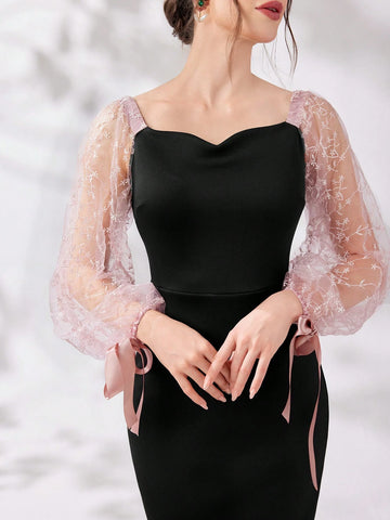 Women's Diamond Neckline Mesh Splice Bodycon Party Dress