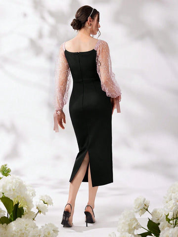 Women's Diamond Neckline Mesh Splice Bodycon Party Dress