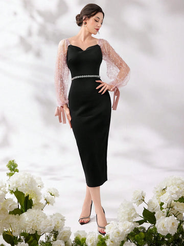 Women's Diamond Neckline Mesh Splice Bodycon Party Dress
