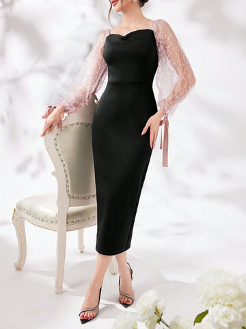 Women's Diamond Neckline Mesh Splice Bodycon Party Dress