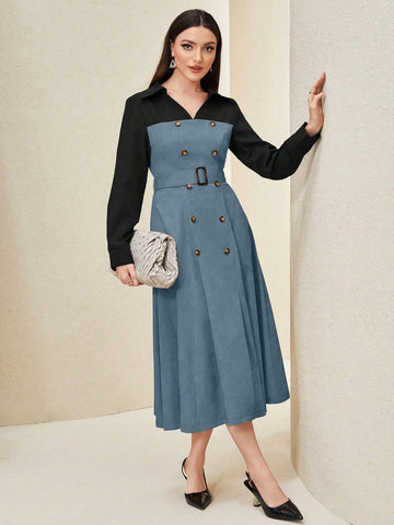 Women's Double Breasted Color Block Dress
