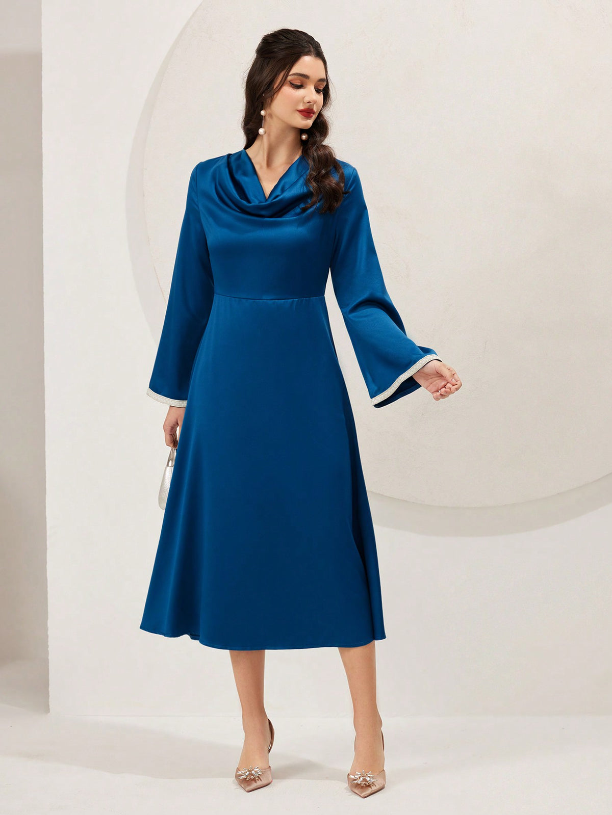 Women's Draped Collar Color Block Trim Bell Sleeve A-Line Dress
