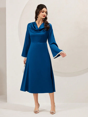 Women's Draped Collar Color Block Trim Bell Sleeve A-Line Dress