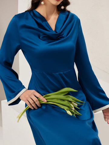 Women's Draped Collar Color Block Trim Bell Sleeve A-Line Dress