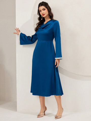 Women's Draped Collar Color Block Trim Bell Sleeve A-Line Dress