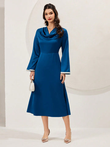 Women's Draped Collar Color Block Trim Bell Sleeve A-Line Dress
