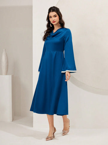 Women's Draped Collar Color Block Trim Bell Sleeve A-Line Dress