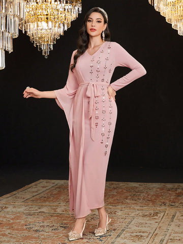 Women's Dress With Rhinestone Decorated Waist Belt