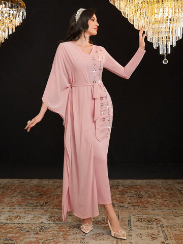 Women's Dress With Rhinestone Decorated Waist Belt