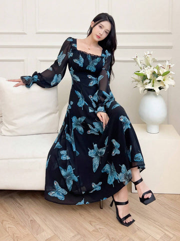 Women's Elegant Butterfly Print Dress, Spring Autumn