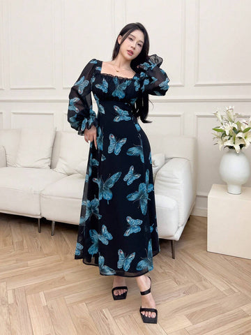 Women's Elegant Butterfly Print Dress, Spring Autumn
